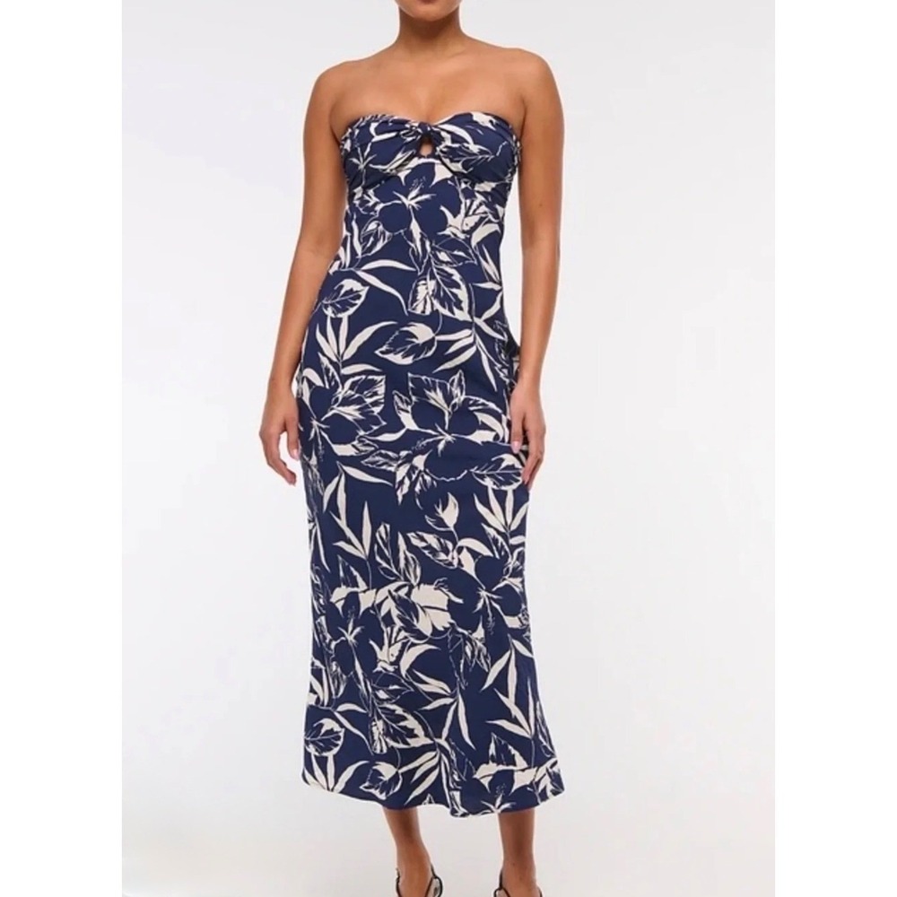 Abercrombie & Fitch Strapless Tropical Leaf Midi Dress Navy XXS NEW